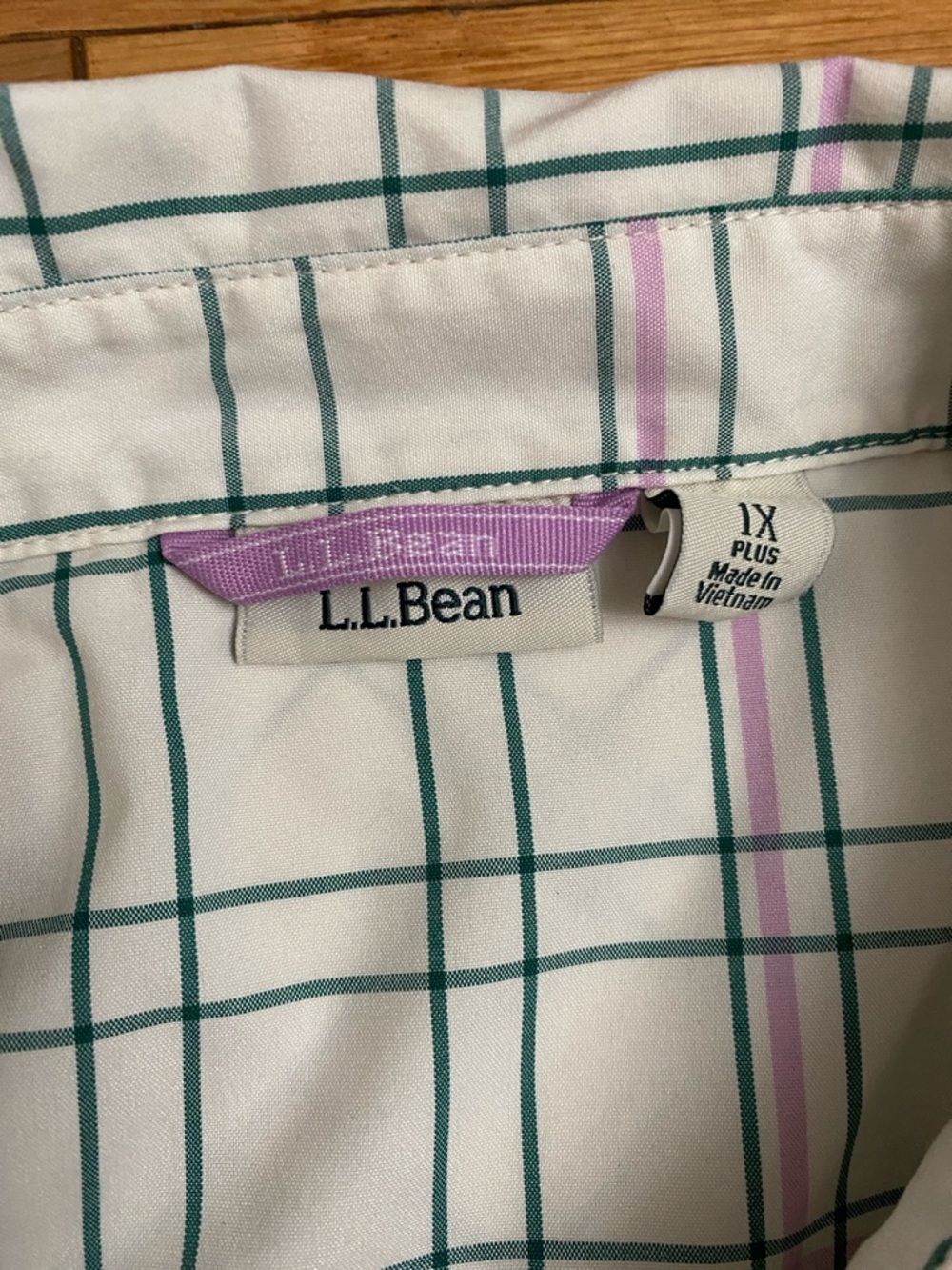 L.L. Bean Cream Plaid Button-Down Shirt with Green and Purple Lines - Picture 2 of 9